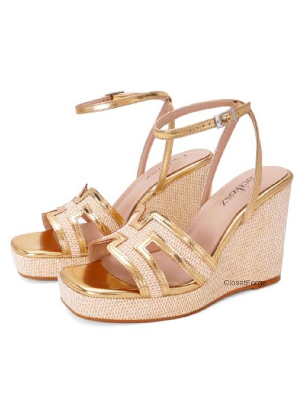 Raffia Platform Wedge Sandals Open Toe Ankle Strap Geometric Cutout Dressy